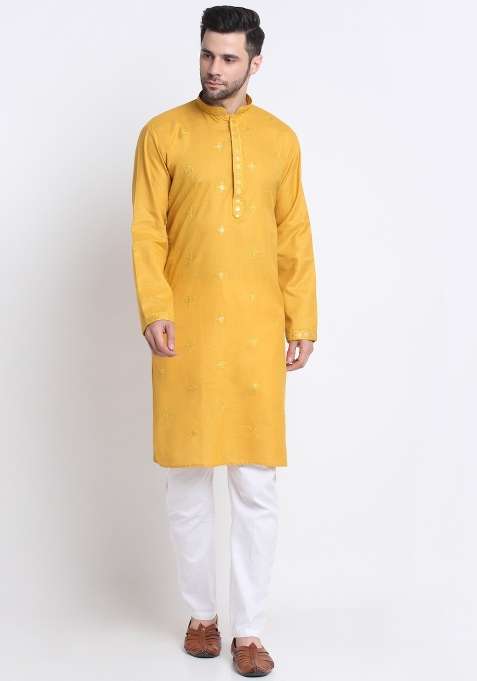 Mustard Yellow Embroidered Cotton Kurta Set For Men