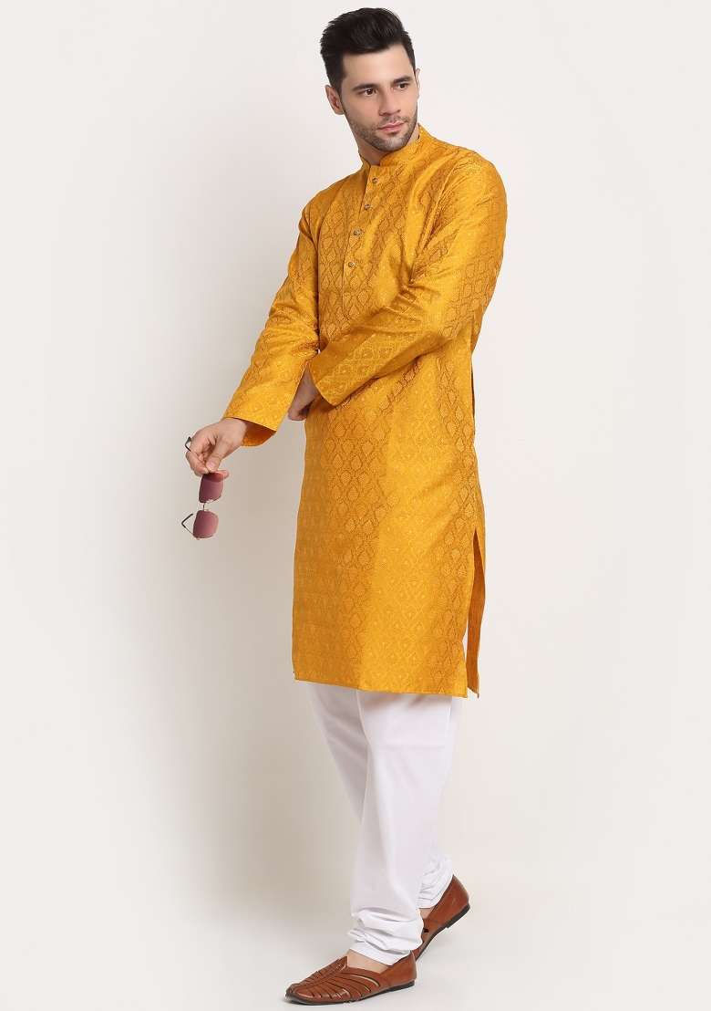 Yellow Woven Silk Blend Kurta Set For Men - Indya