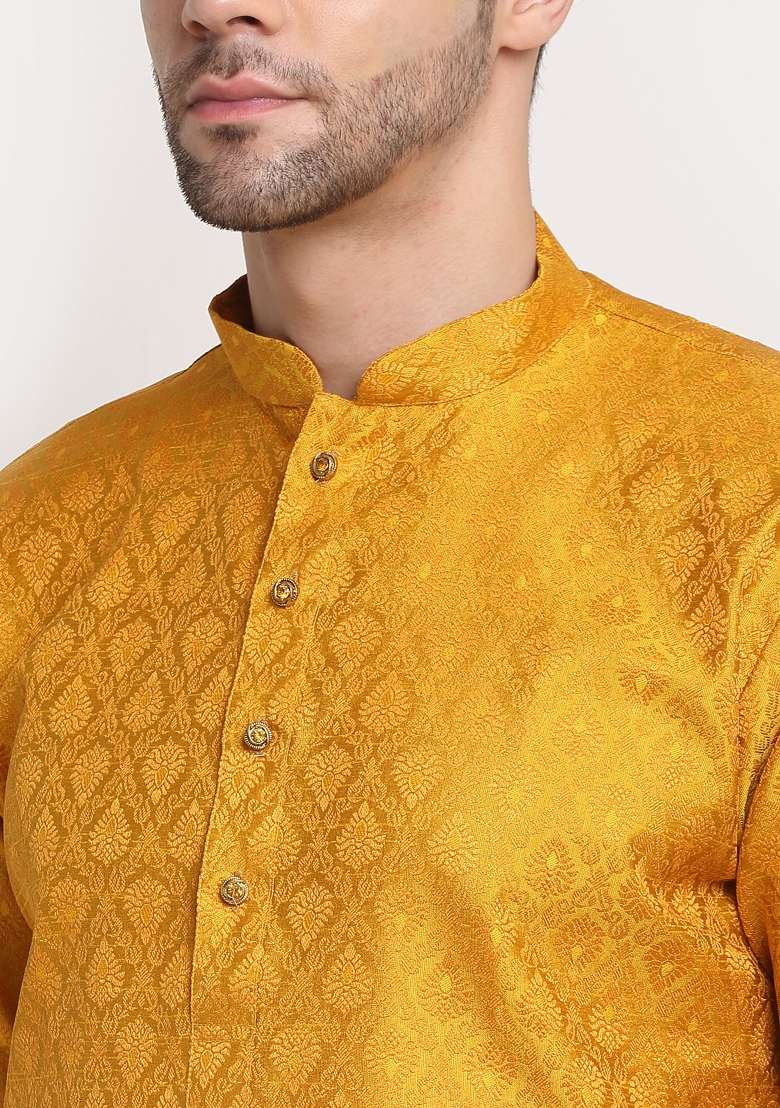 Yellow Woven Silk Blend Kurta Set For Men - Indya