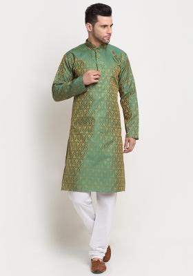 Green Woven Silk Blend Kurta Set For Men
