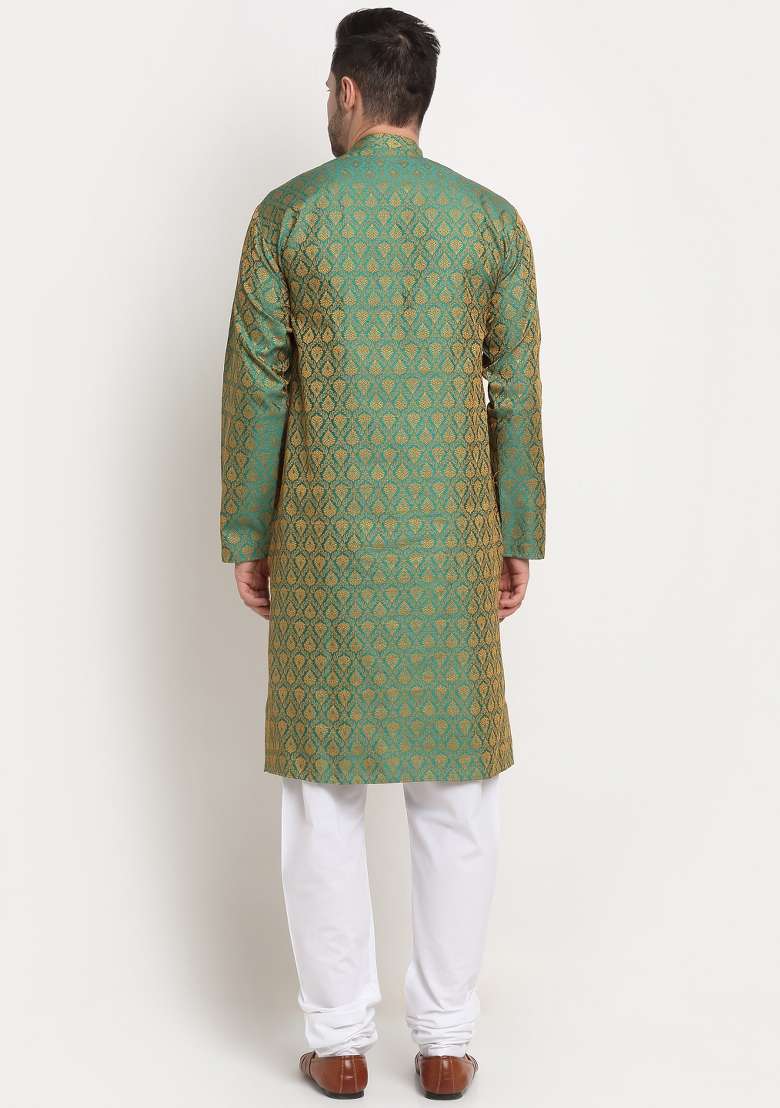 Green Woven Silk Blend Kurta Set For Men - Indya