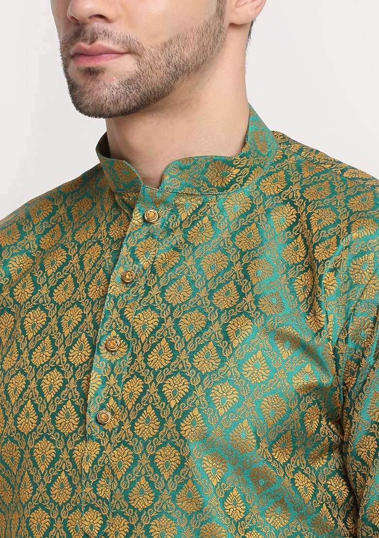 Green Woven Silk Blend Kurta Set For Men - Indya