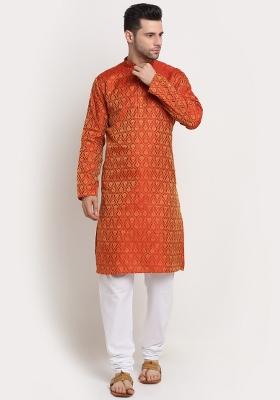 Red Woven Silk Blend Kurta Set For Men