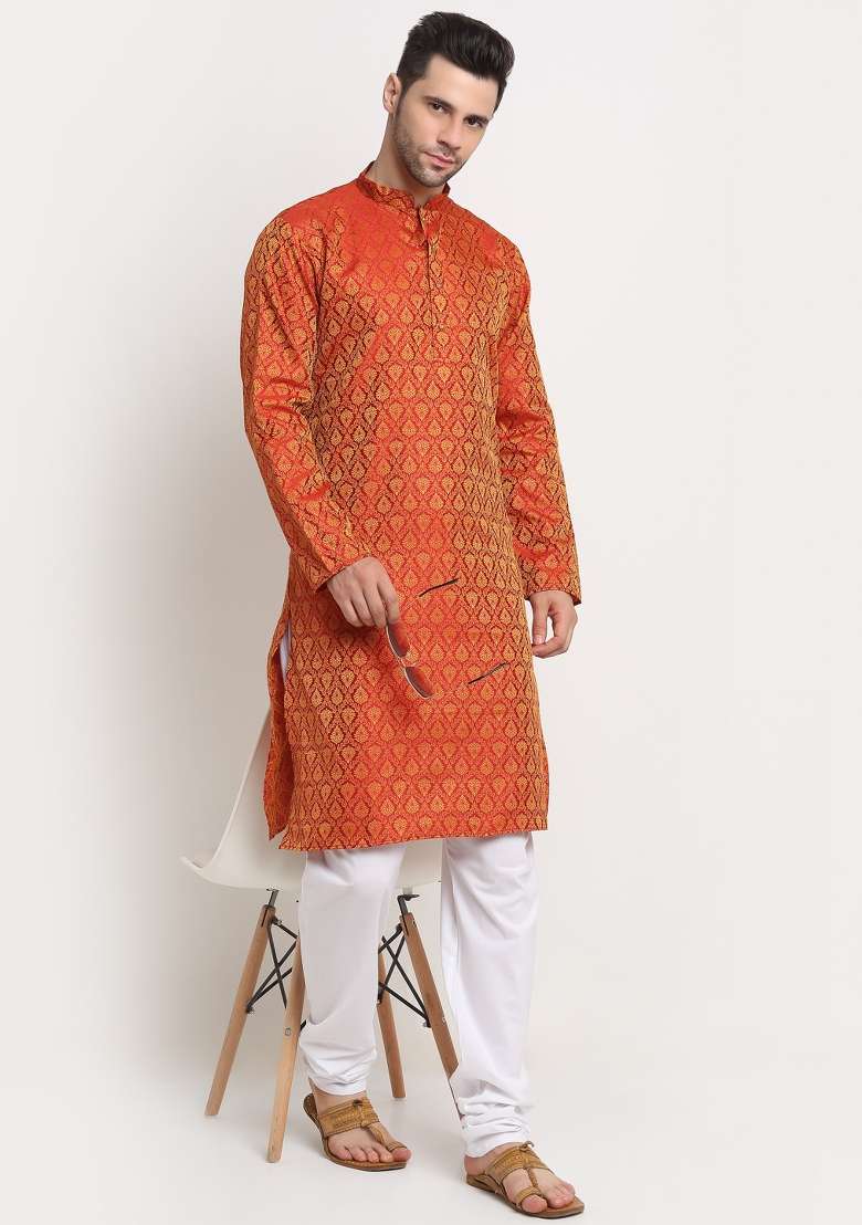 Red Woven Silk Blend Kurta Set For Men - Indya
