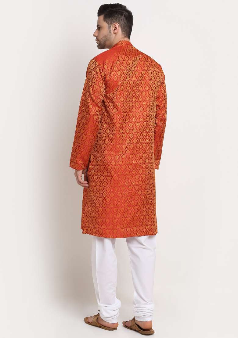 Red Woven Silk Blend Kurta Set For Men - Indya