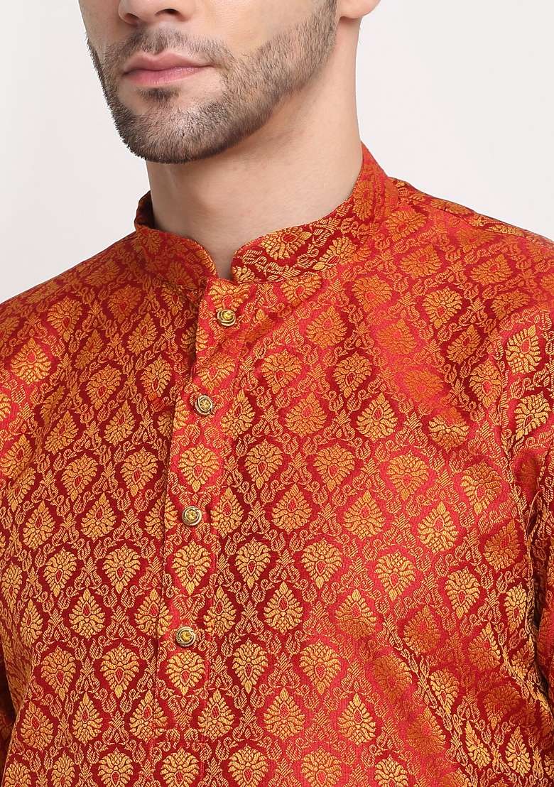 Red Woven Silk Blend Kurta Set For Men - Indya