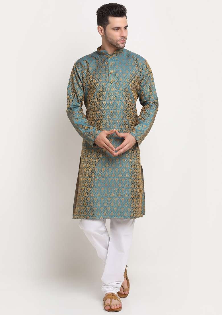 Blue Woven Silk Blend Kurta Set For Men - Indya