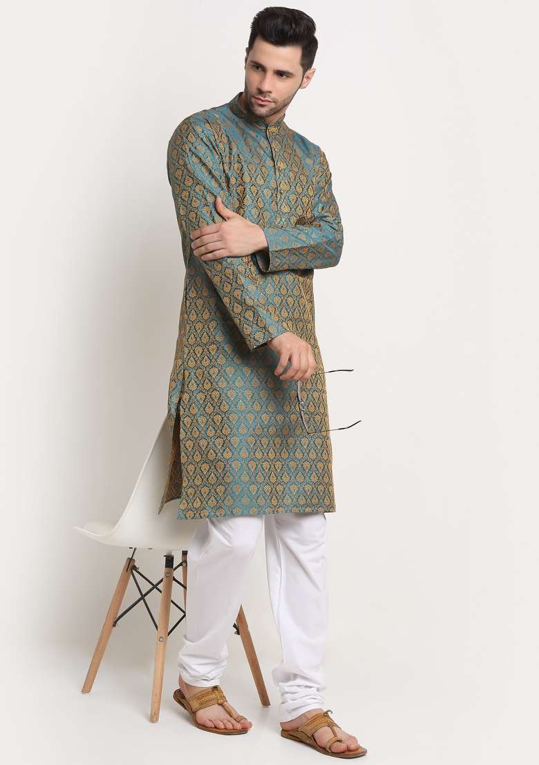 Blue Woven Silk Blend Kurta Set For Men - Indya
