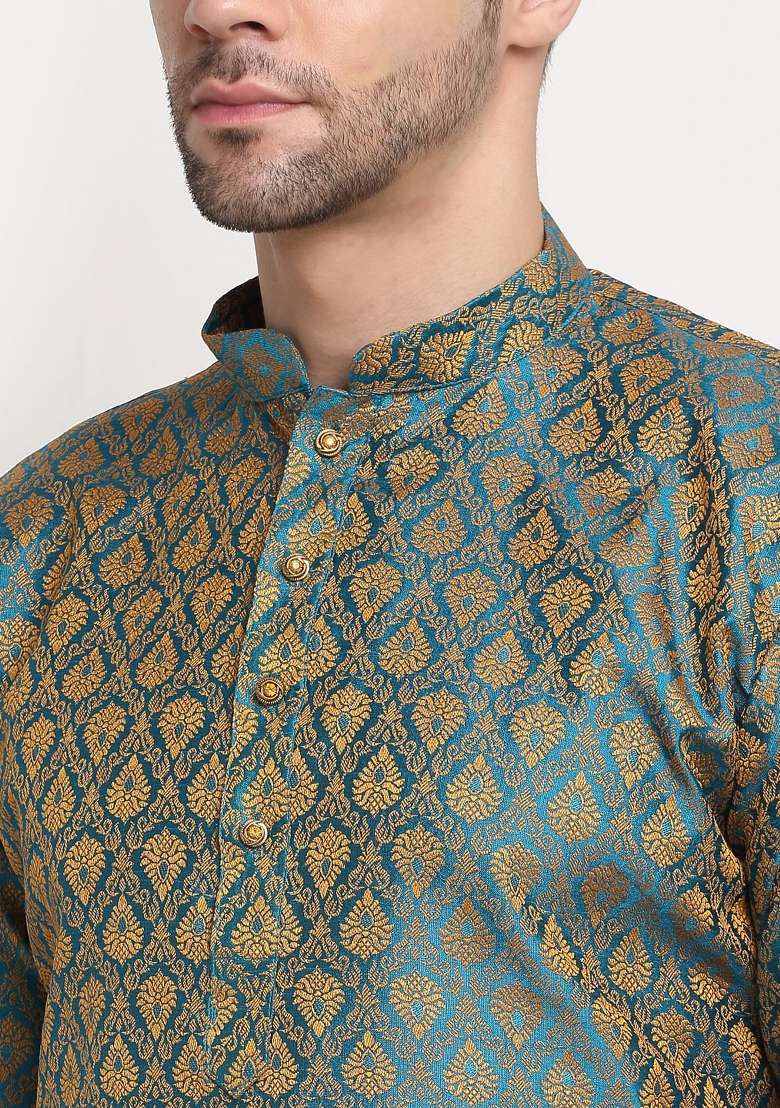 Blue Woven Silk Blend Kurta Set For Men - Indya