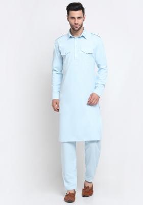 Sky Blue Solid Cotton Blend Kurta Set For Men