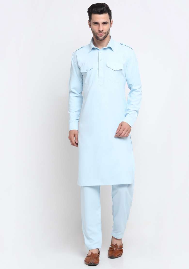 Sky Blue Solid Cotton Blend Kurta Set For Men - Indya