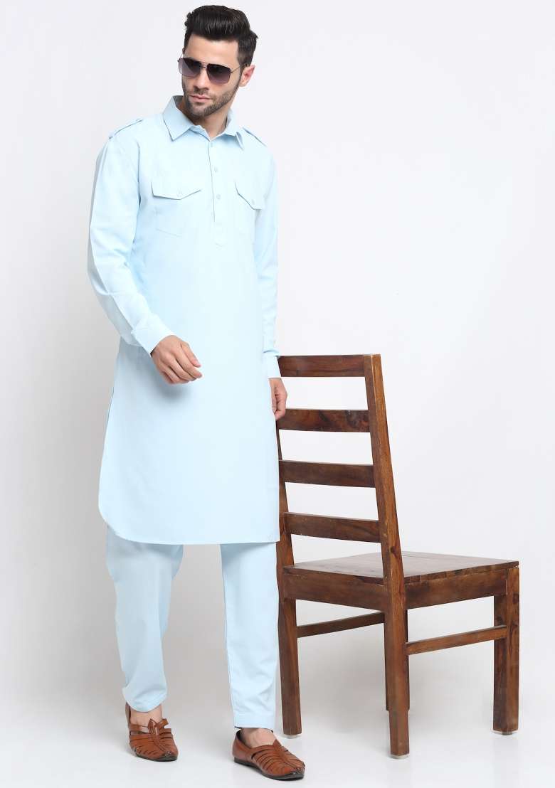 Sky Blue Solid Cotton Blend Kurta Set For Men - Indya