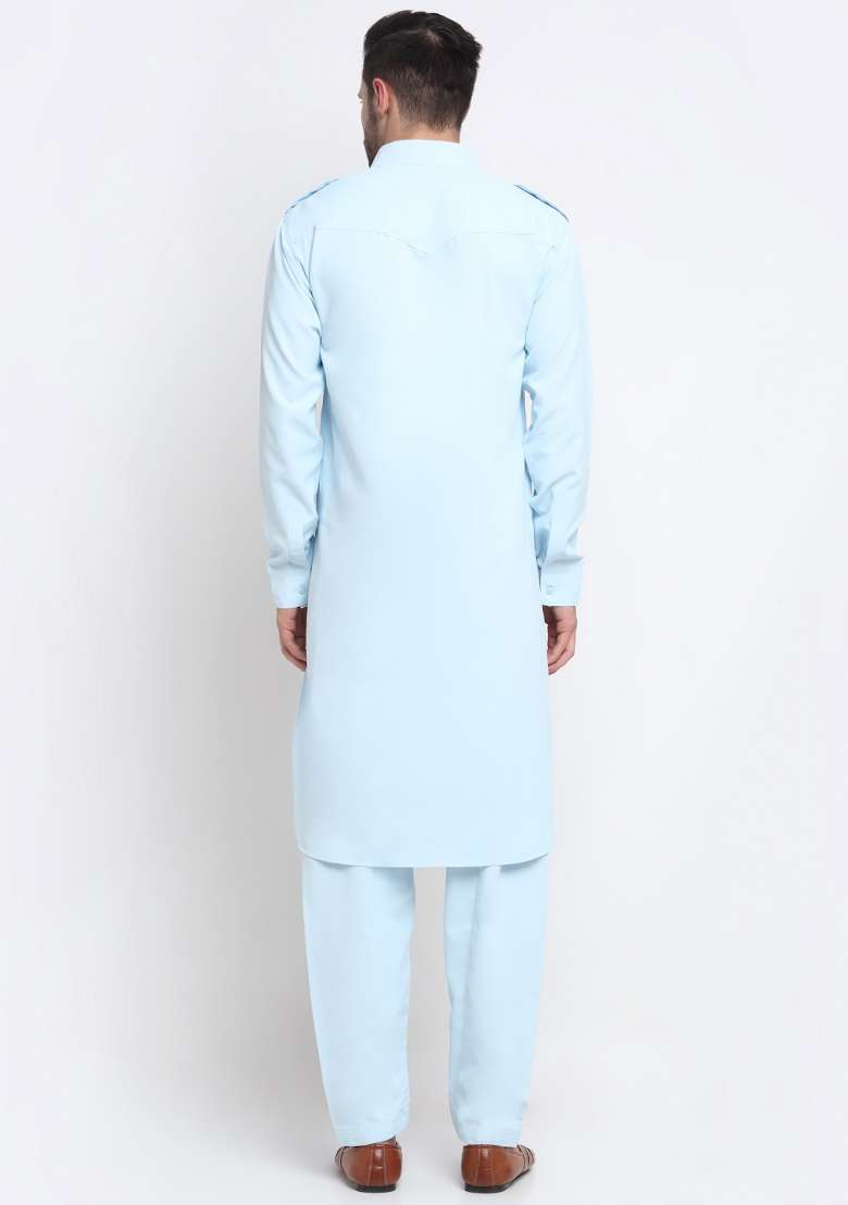 Sky Blue Solid Cotton Blend Kurta Set For Men - Indya