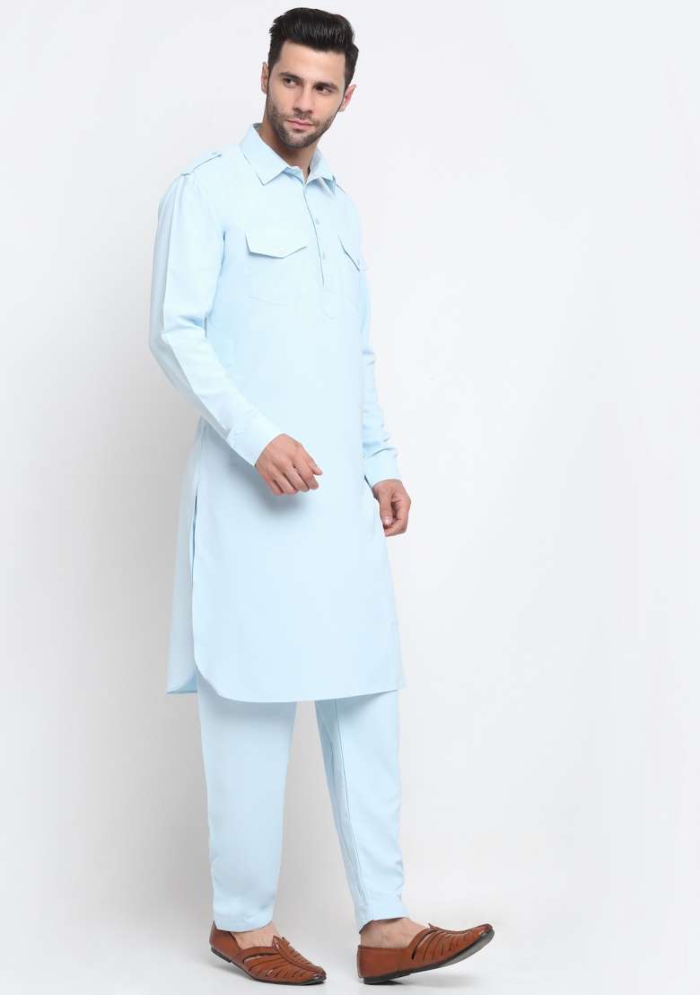 Sky Blue Solid Cotton Blend Kurta Set For Men - Indya
