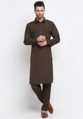Brown Solid Cotton Blend Kurta Set For Men