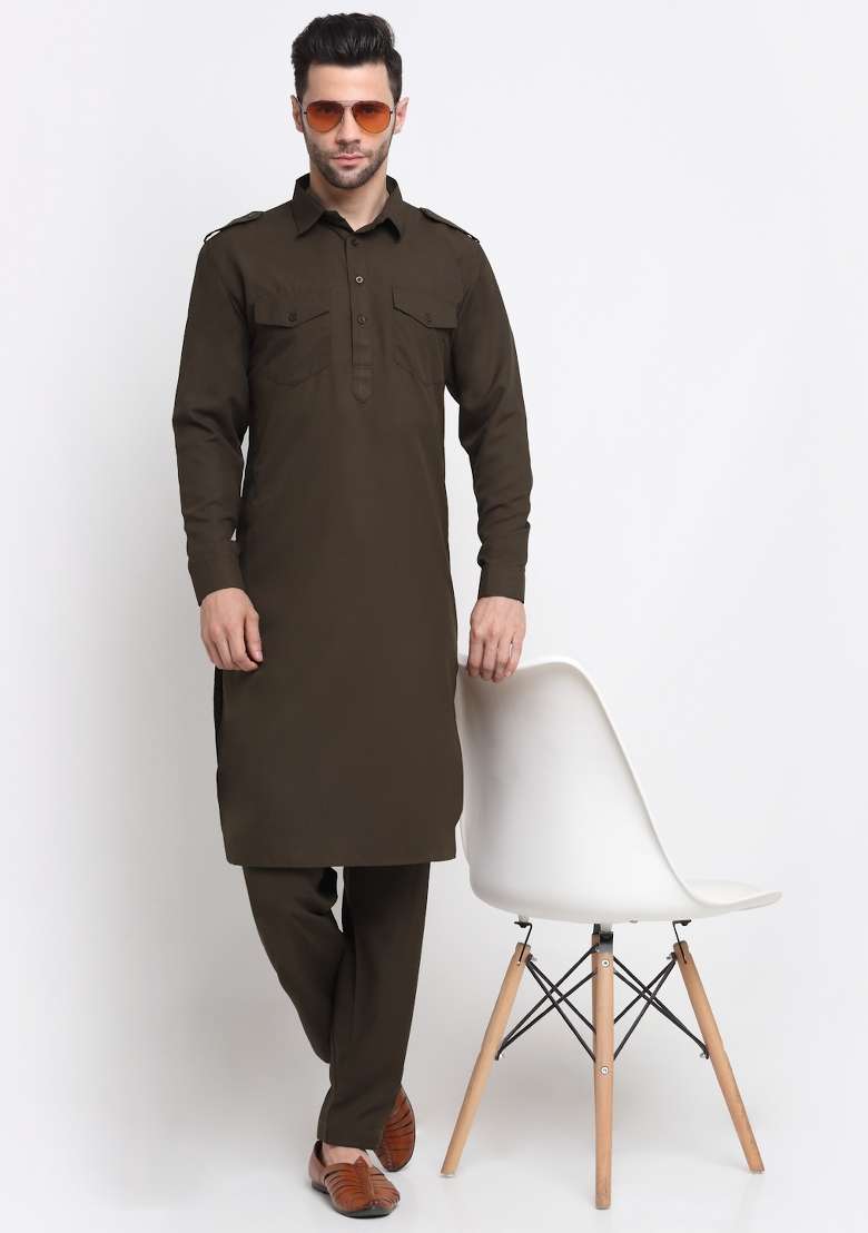 Brown Solid Cotton Blend Kurta Set For Men - Indya