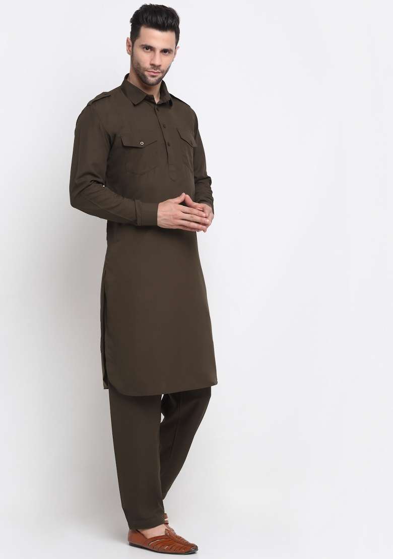 Brown Solid Cotton Blend Kurta Set For Men - Indya