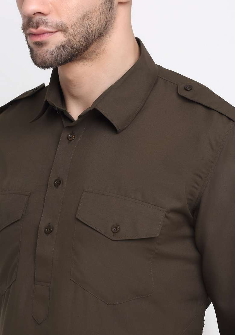 Brown Solid Cotton Blend Kurta Set For Men - Indya