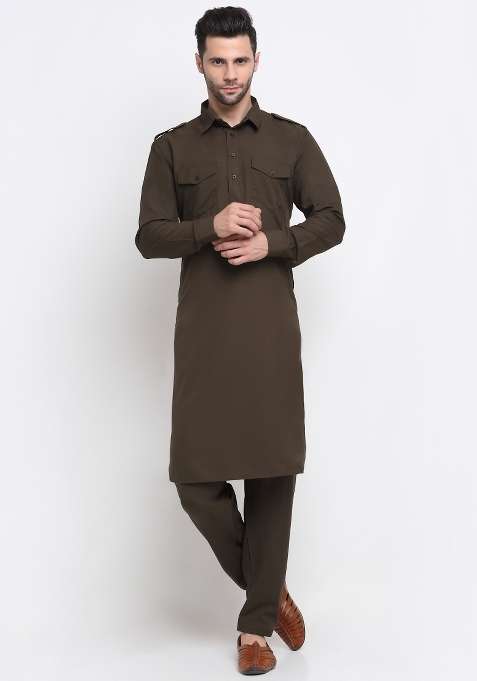 Brown Solid Cotton Blend Kurta Set For Men