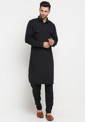 Black Solid Cotton Blend Kurta Set For Men