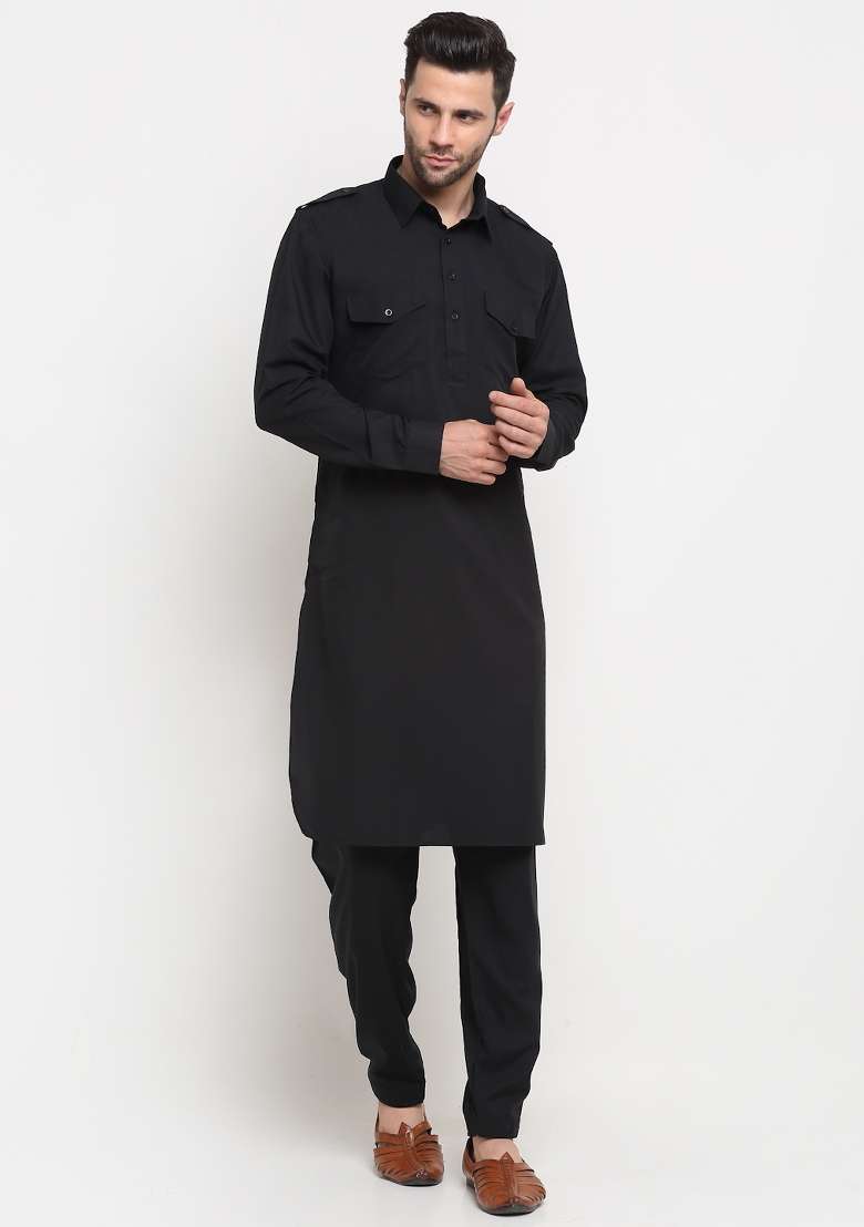 Black Solid Cotton Blend Kurta Set For Men - Indya