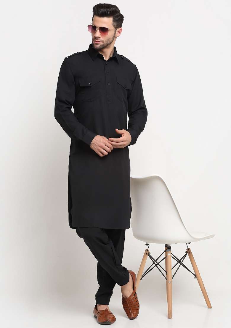 Black Solid Cotton Blend Kurta Set For Men - Indya