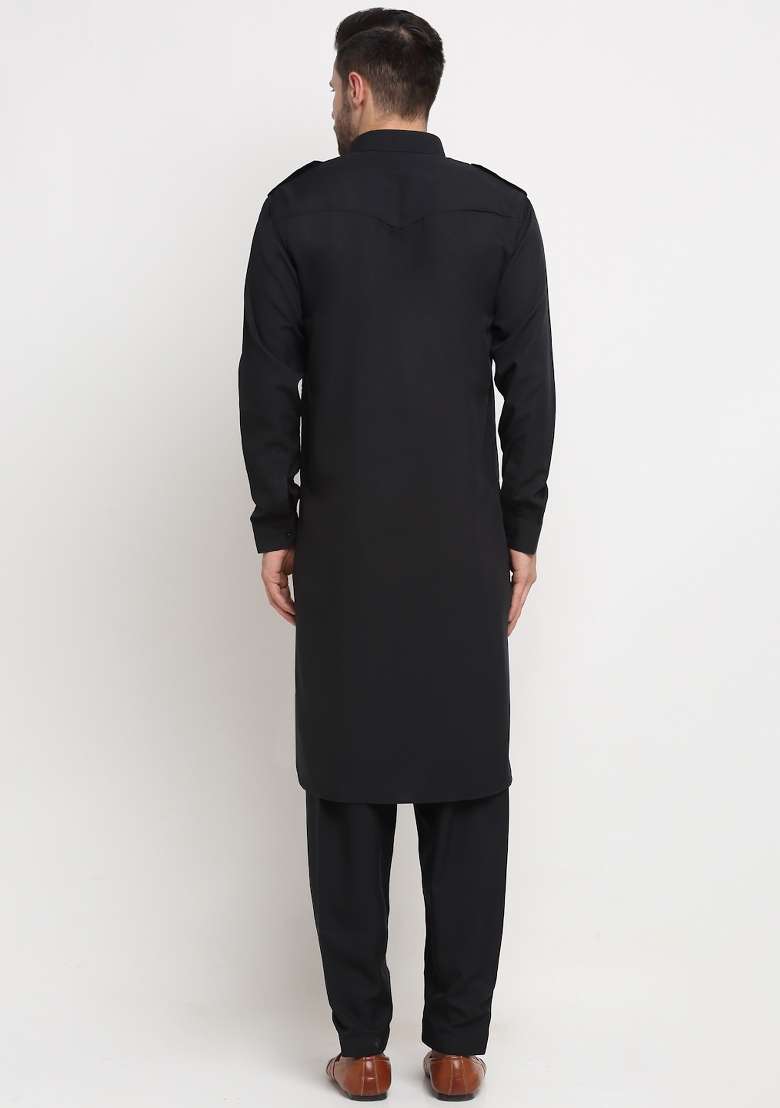 Black Solid Cotton Blend Kurta Set For Men - Indya