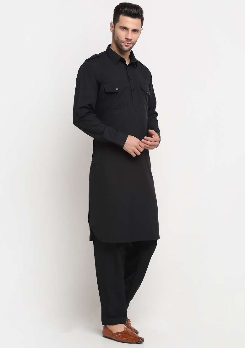 Black Solid Cotton Blend Kurta Set For Men - Indya