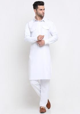 White Solid Cotton Blend Kurta Set For Men