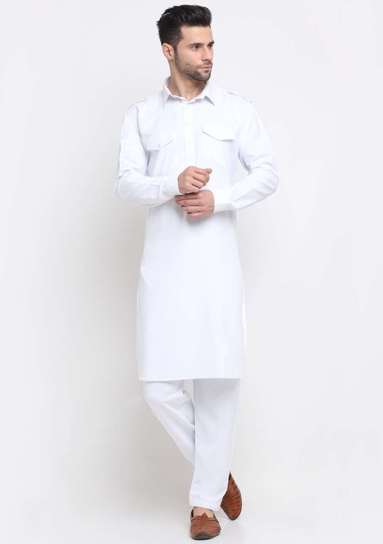 White Solid Cotton Blend Kurta Set For Men - Indya