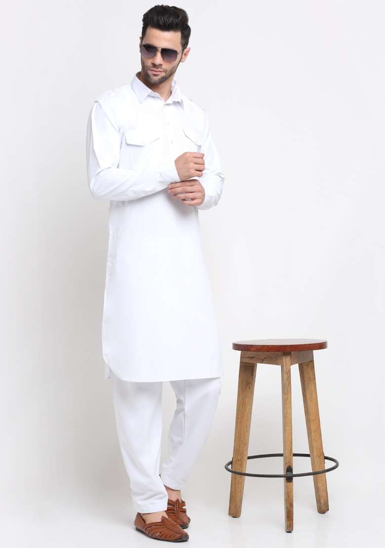White Solid Cotton Blend Kurta Set For Men - Indya