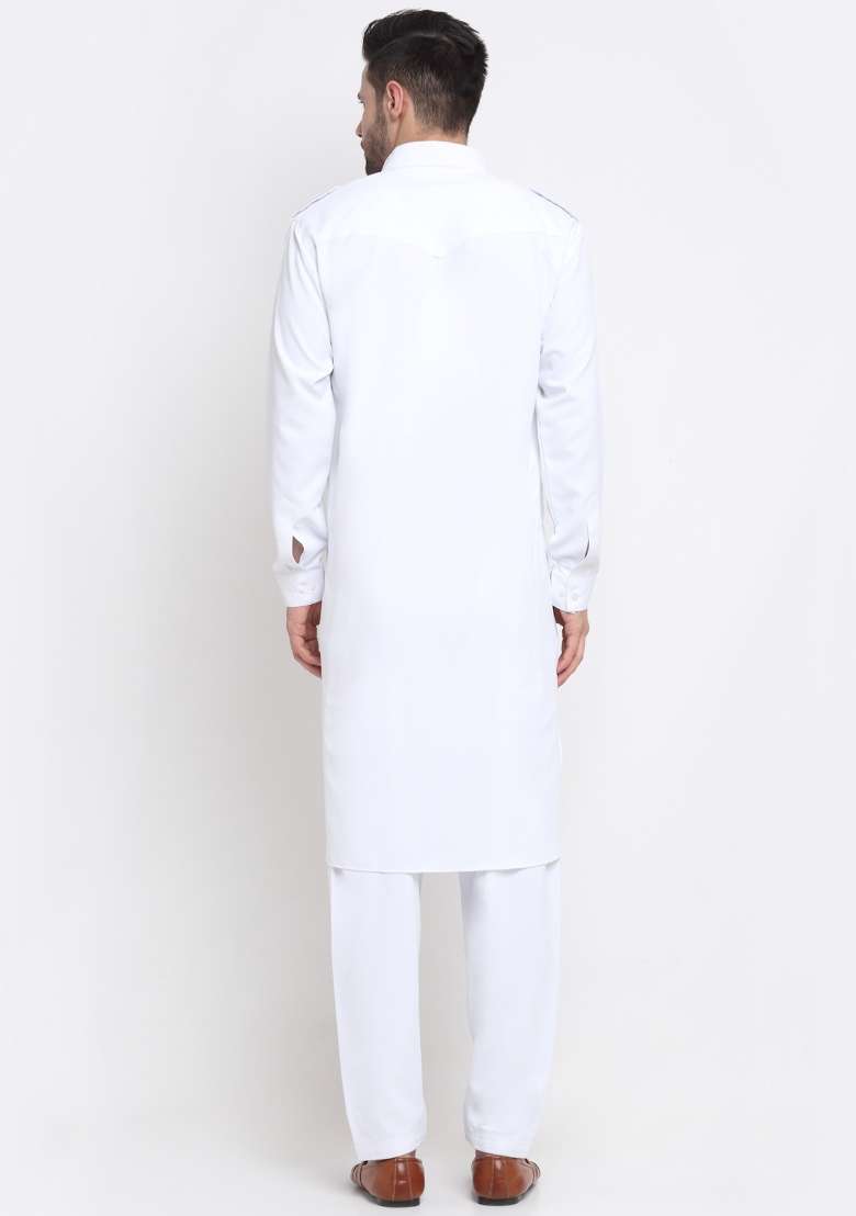 White Solid Cotton Blend Kurta Set For Men - Indya