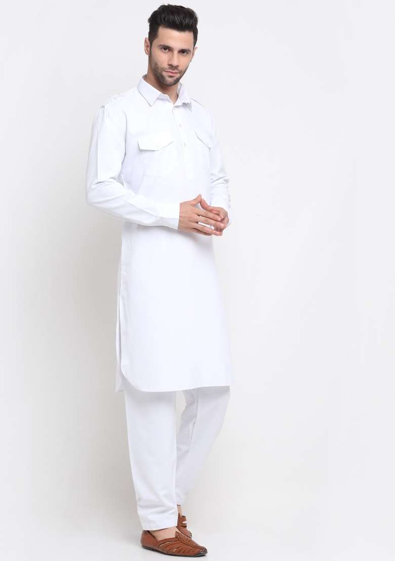 White Solid Cotton Blend Kurta Set For Men - Indya