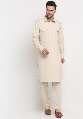 Beige Solid Cotton Blend Kurta Set For Men