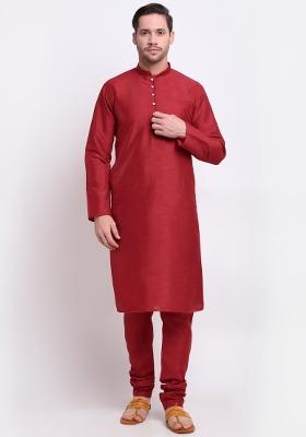 Maroon Solid Silk Blend Kurta Set For Men