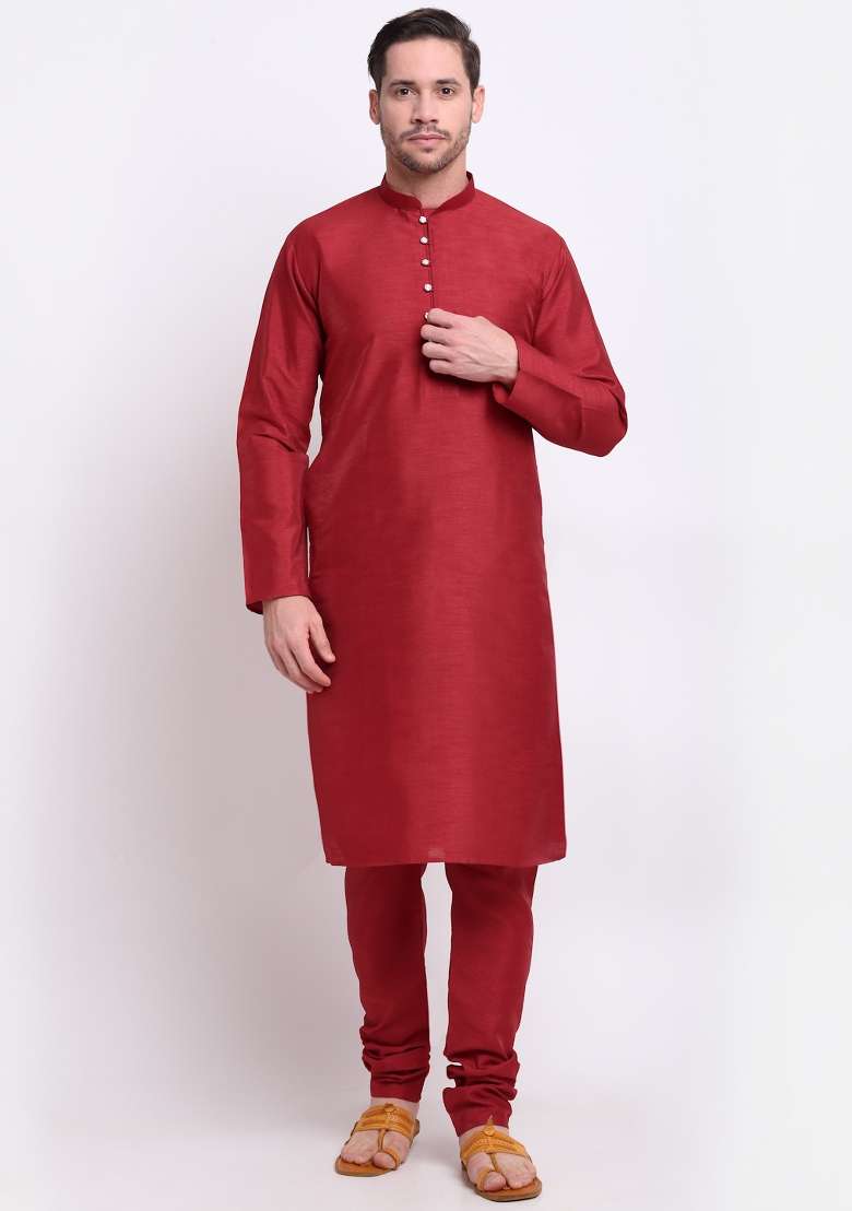 Maroon Solid Silk Blend Kurta Set For Men - Indya