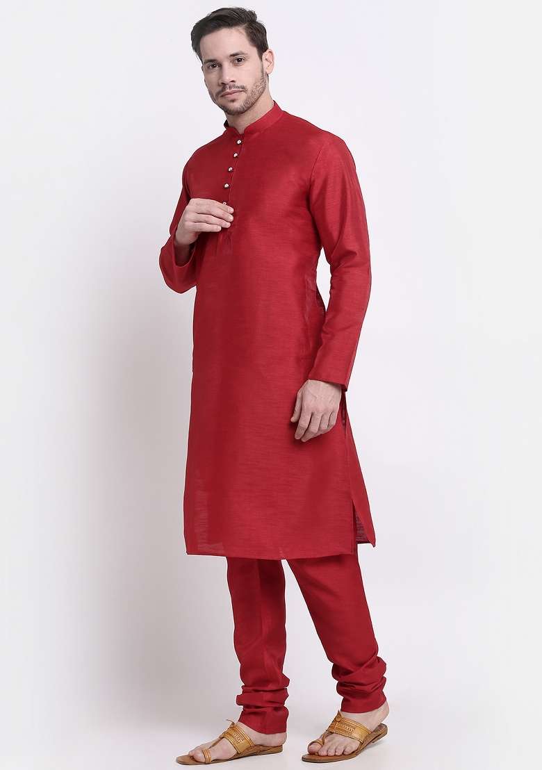 Maroon Solid Silk Blend Kurta Set For Men - Indya