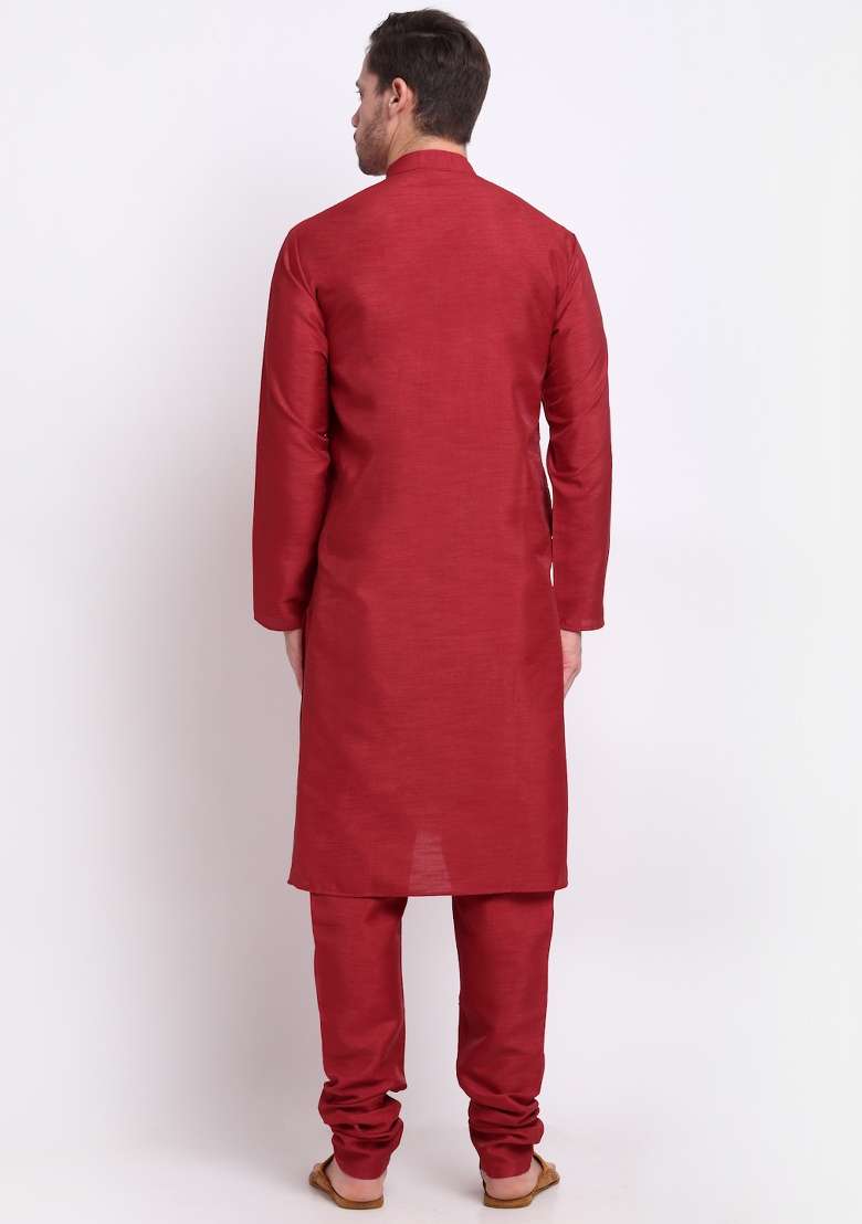 Maroon Solid Silk Blend Kurta Set For Men - Indya