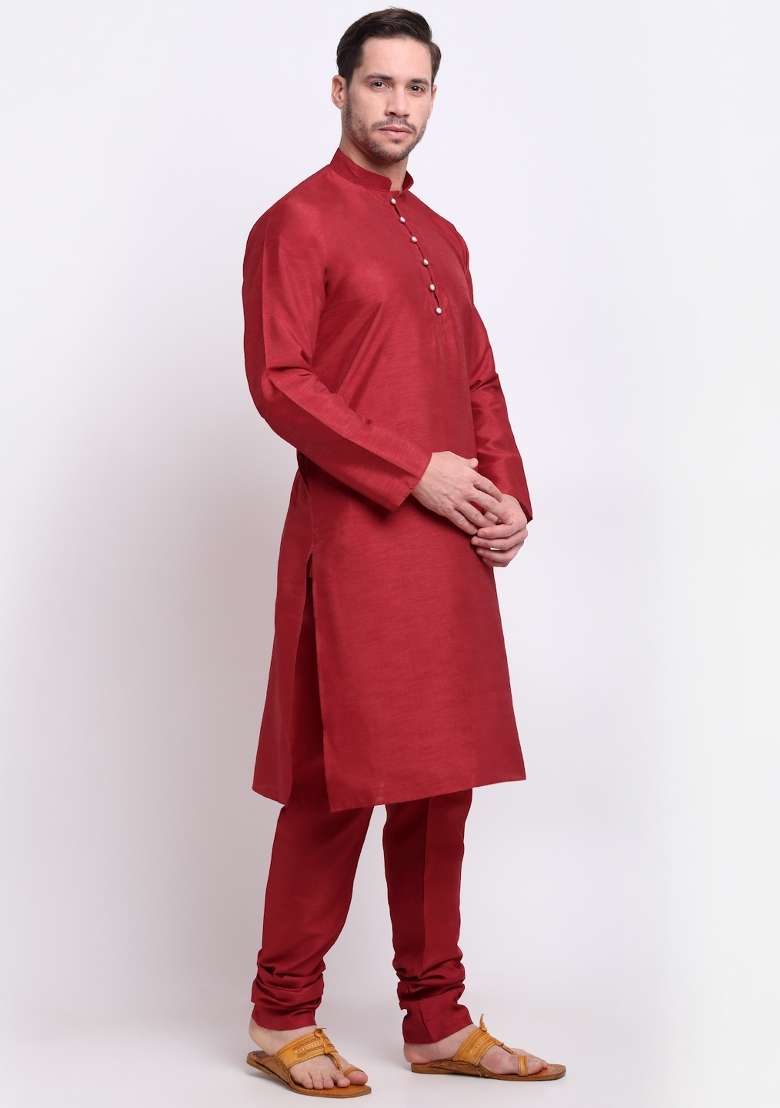 Maroon Solid Silk Blend Kurta Set For Men - Indya