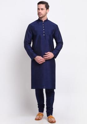 Navy Blue Solid Silk Blend Kurta Set For Men
