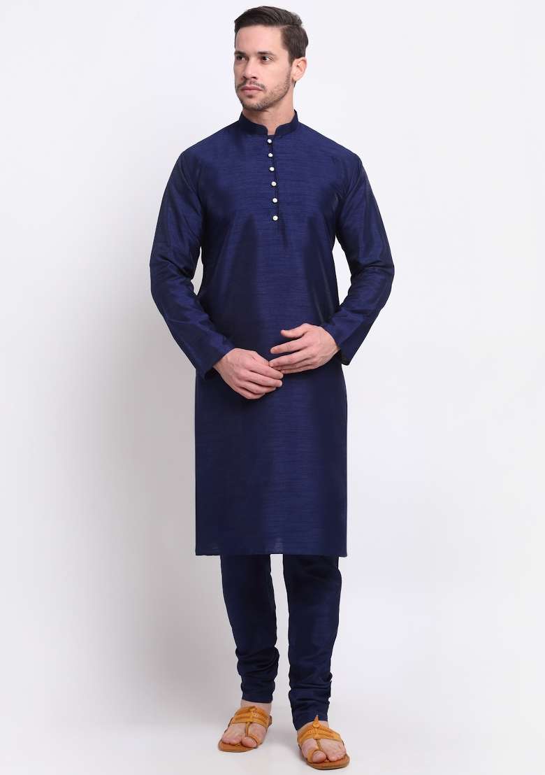Navy Blue Solid Silk Blend Kurta Set For Men - Indya