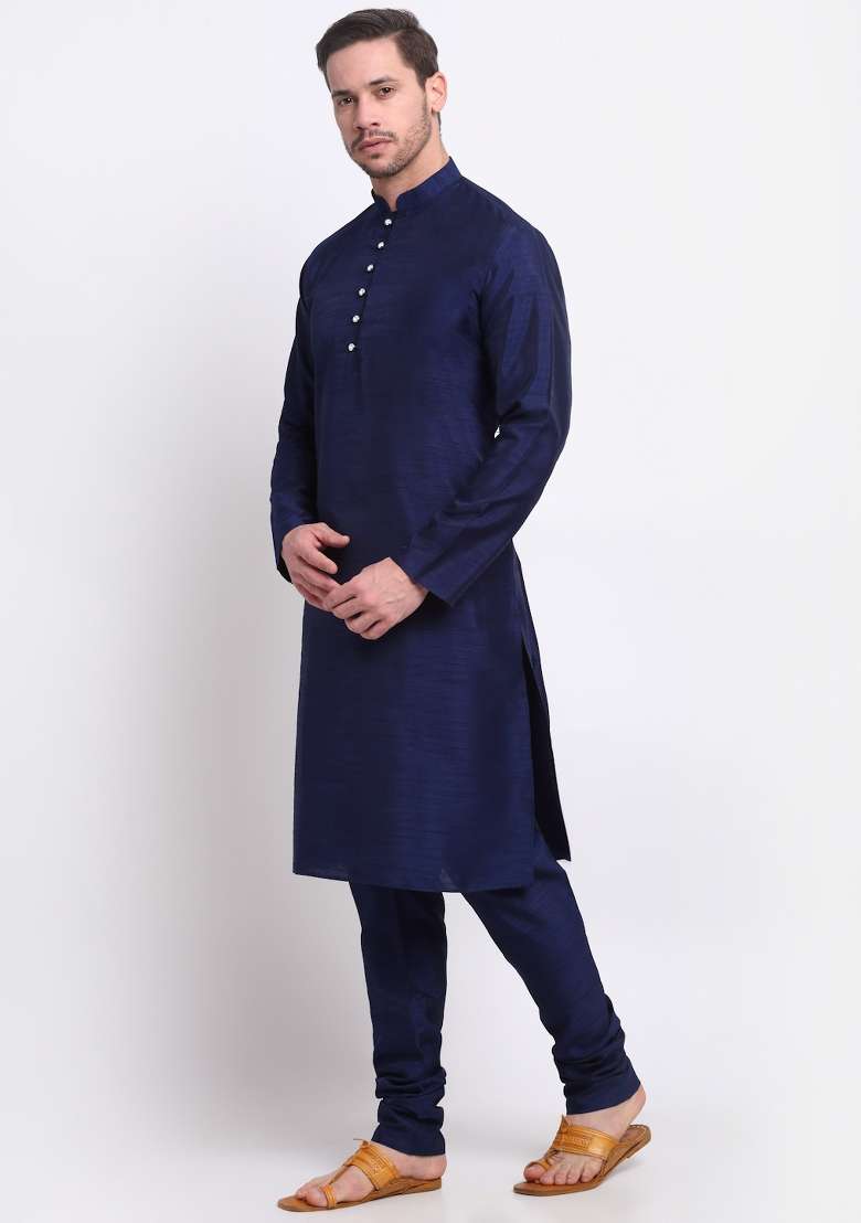 Navy Blue Solid Silk Blend Kurta Set For Men - Indya