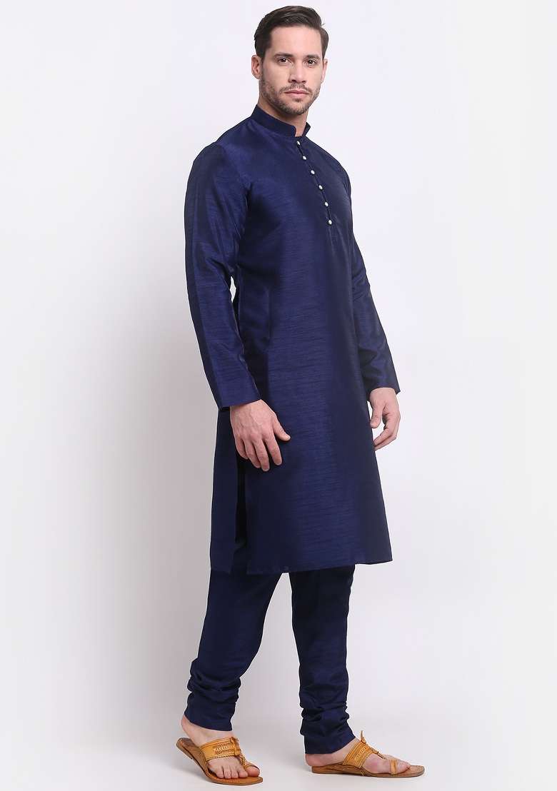 Navy Blue Solid Silk Blend Kurta Set For Men - Indya