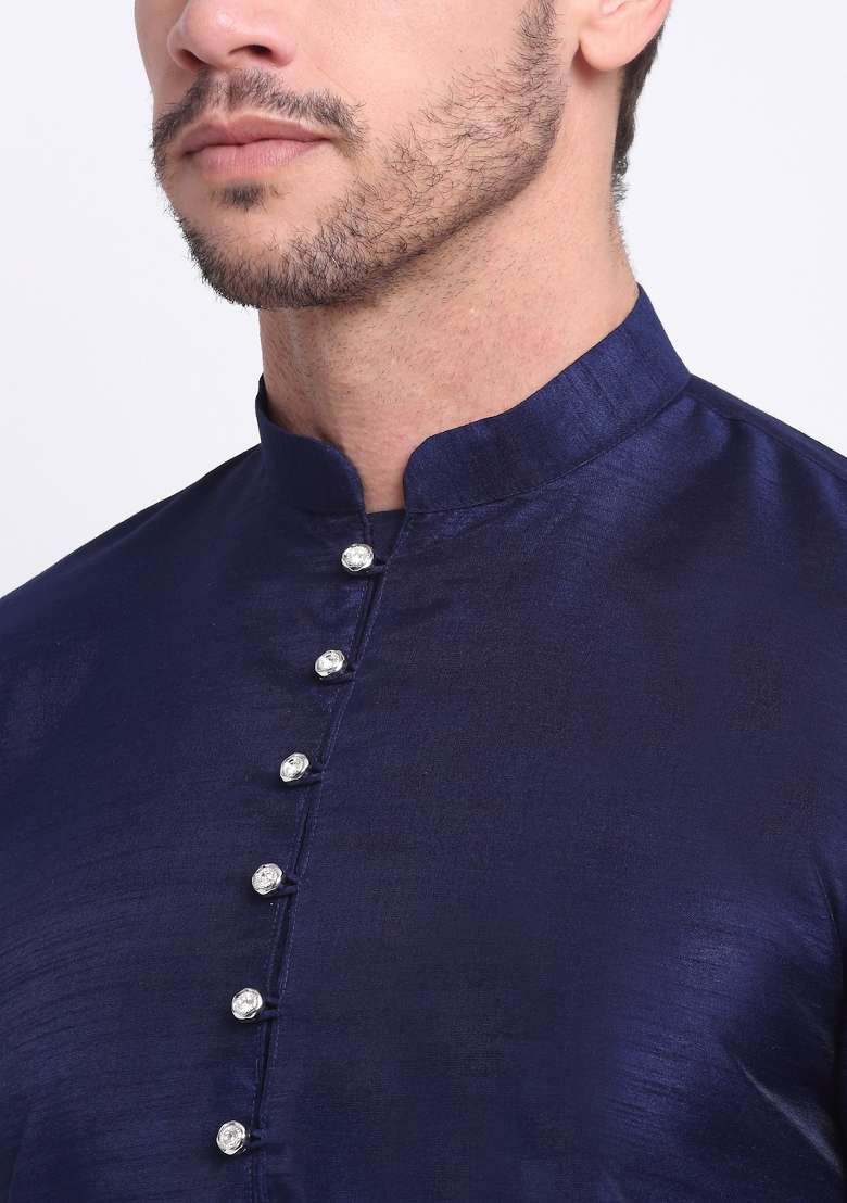 Navy Blue Solid Silk Blend Kurta Set For Men - Indya