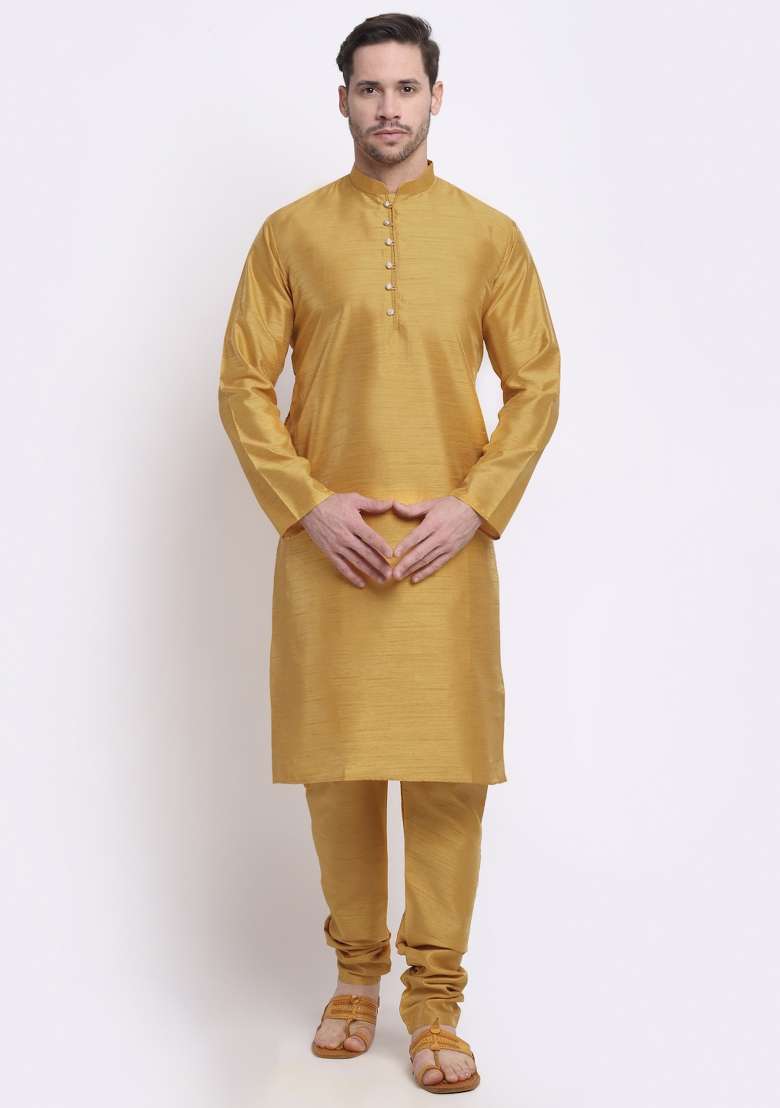 Gold Solid Silk Blend Kurta Set For Men - Indya