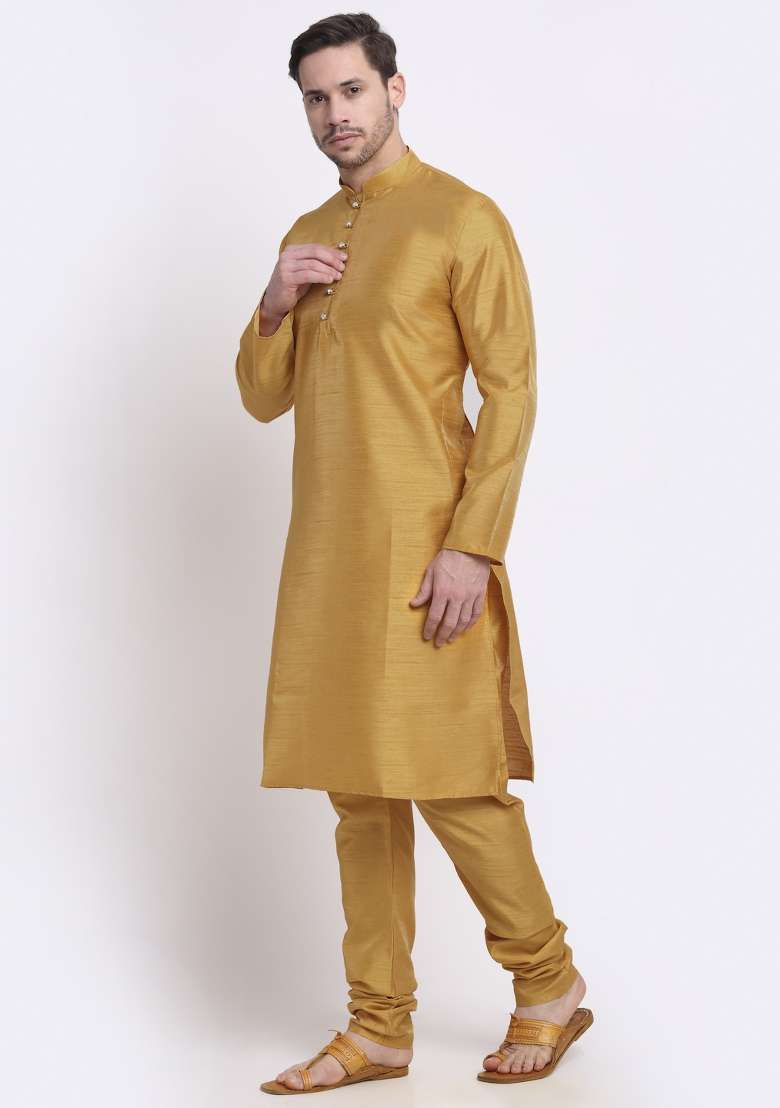 Gold Solid Silk Blend Kurta Set For Men - Indya