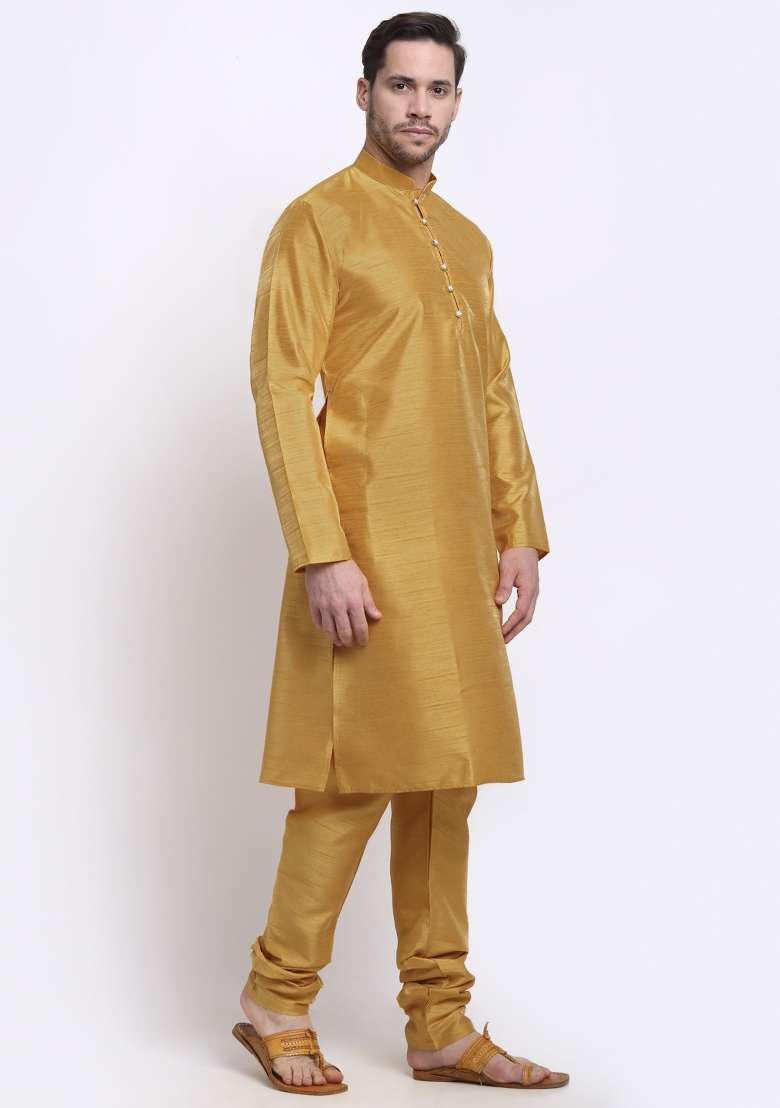 Gold Solid Silk Blend Kurta Set For Men - Indya