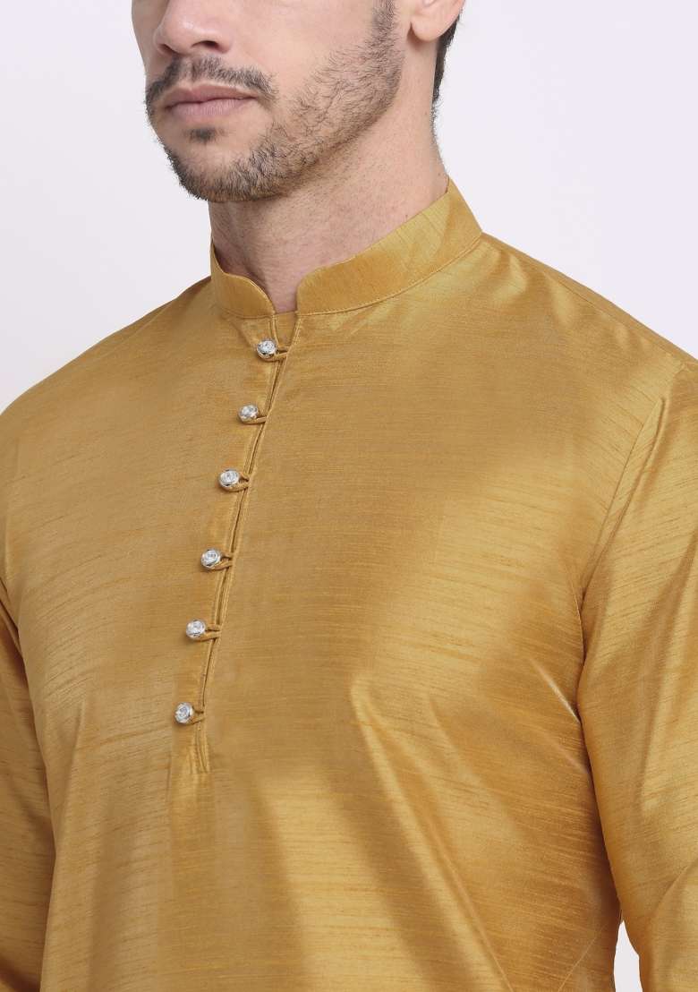 Gold Solid Silk Blend Kurta Set For Men - Indya