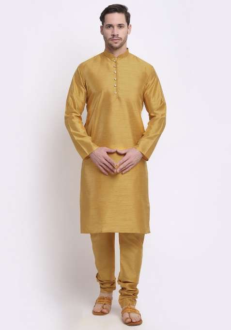 Gold Solid Silk Blend Kurta Set For Men