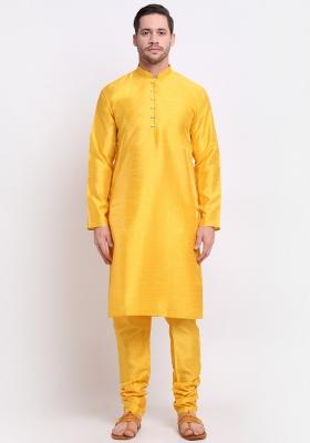 Mustard Yellow Solid Silk Blend Kurta Set For Men
